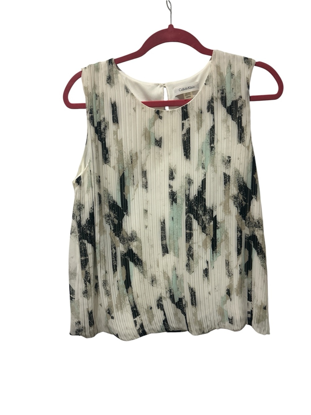 Calvin Klein White Pleated Abstract Print Sleeveless Top